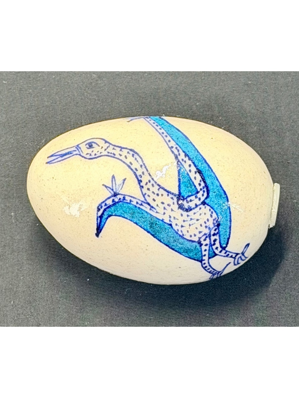 Vintage folk art egg whistle with hand painted dinosaur/ dragon